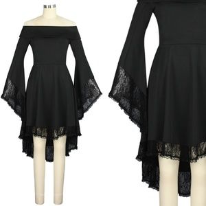 Whimsigoth Off Shoulder Pocket Dress Hi-Low Lace Black